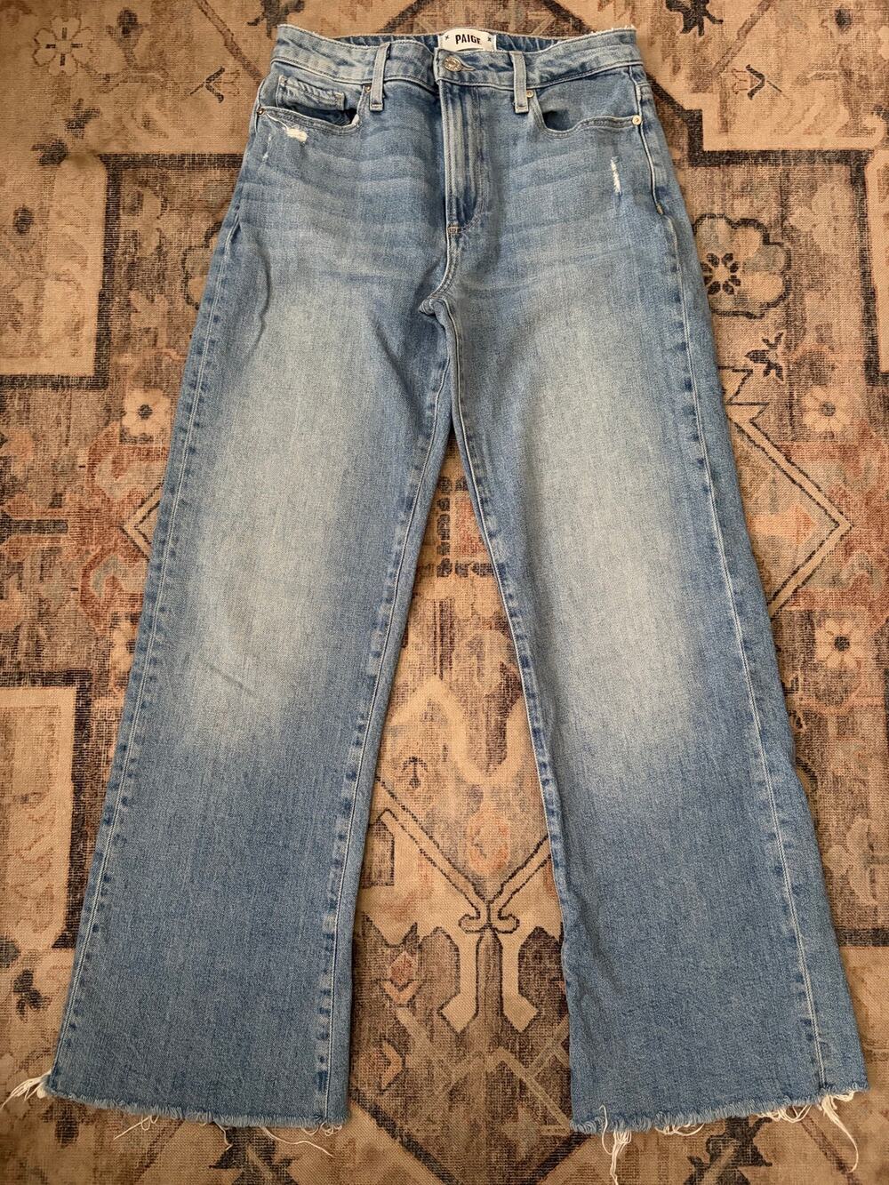 PAIGE Leenah Ankle Jeans Women 25 Blue High Rise Wide Leg Raw Hem Distressed